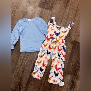 Colorful Chicken Print Overalls with Blue Top